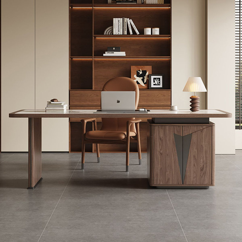 Bureau rectangulaire blanc et noyer clair, H 29,53 po x l 86,61 po x P 31,5 po, Retour à gauche