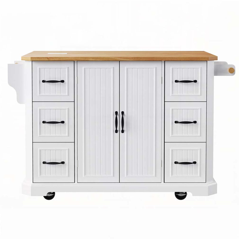 Kitchen Island with Drop Leaf, Power Outlet, 4 Door Shelves, 4 Wheels with 6 Deep Drawers for Kitchen, White