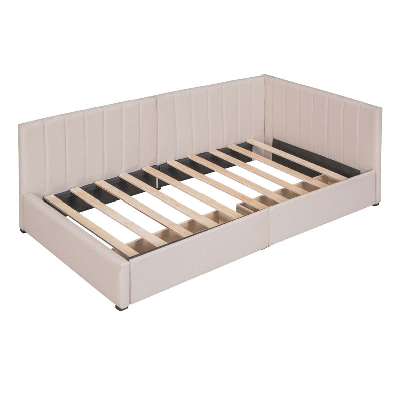 Lit de jour rembourré avec structure de canapé-lit à 2 tiroirs de rangement, tissu en lin, Beige