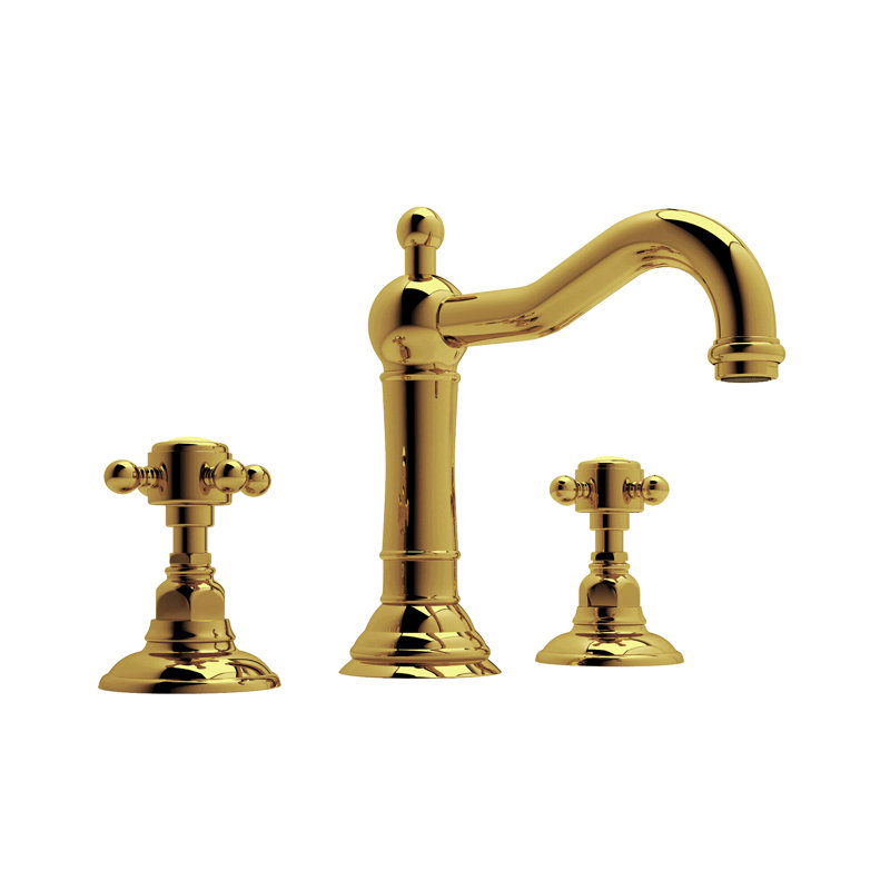 Acqui Widespread Bathroom Faucet with Drain Assembly, Cross, Unlacquered Brass