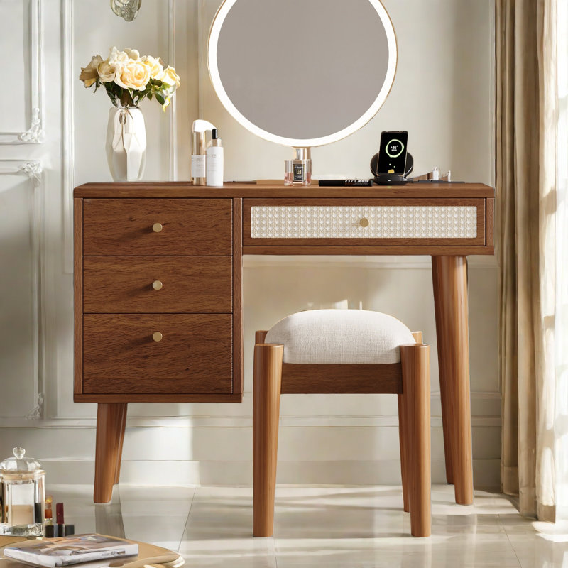 Ensemble coiffeuse style bohème avec 4 tiroirs, prise de charge, port USB et tabouret, Noyer