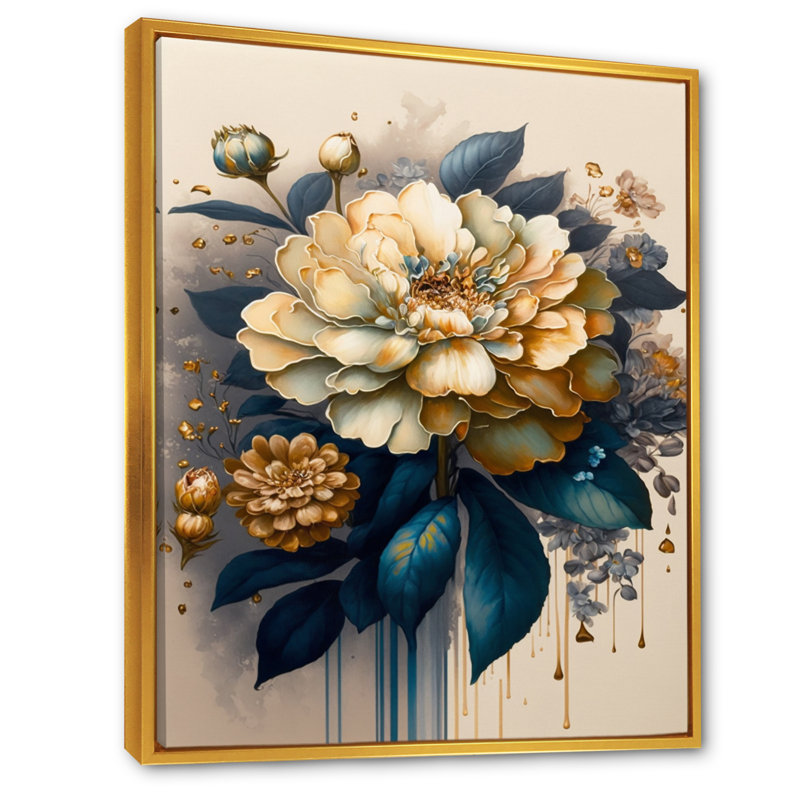 Jaune profond et fleurs de zinnia bleues II - Impression sur toile, H 20 po x l 12 po x P 1 po, Toile avec cadre flottant or