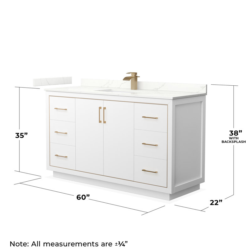 60'' W Single Vanity, Giotto Quartz, White, Satin Bronze