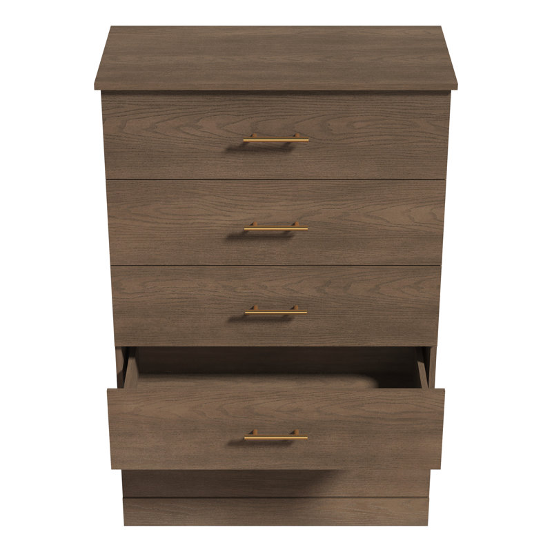 Mouton 31.3"W Modern 5 Drawer Chest, Dark Brown Oak