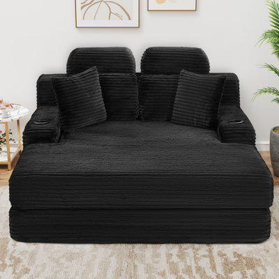63.8" Oversized Compression Corduroy Chaise Lounge, Deep Seat Sleeper Sofa with Headrest, Cup Holder & Side Pocket, No Assembly Required