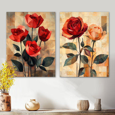 Red Velvet Geometric Rose Passion I - Botanical, impression murale 2 pièces