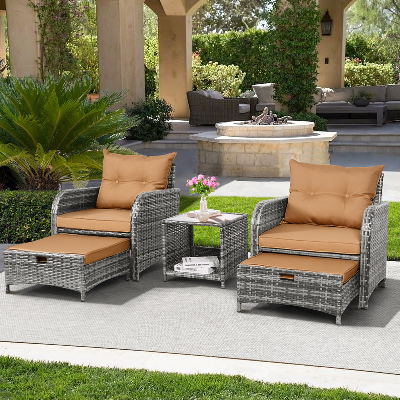 Constantino 2-Person Outdoor All-Weather Wicker Conversation Set with Ottomans and Tempered Glass Coffee Table