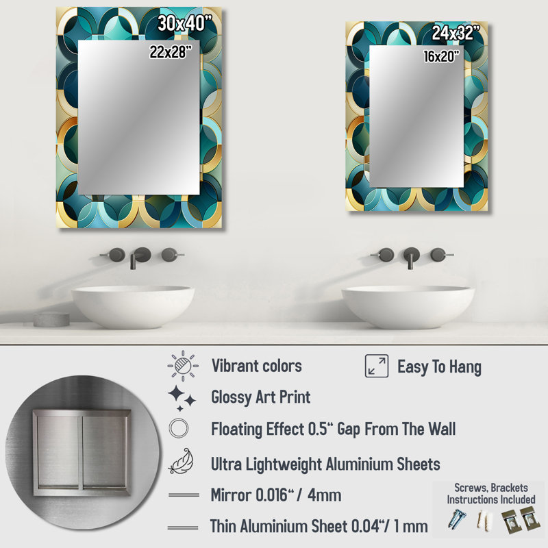 Teal And Golden Modern Geometric Tiles - Geometric  Decorative Mirror, Geometric Wall Mirror, Printed Metal Art, 40" x 30"