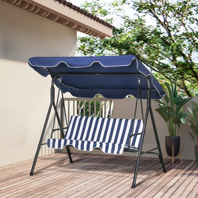 3 balancelles de patio bleu foncé. Coussin amovible. Structure en acier robuste. Auvent inclinable réglable pour la cour, le patio. Rajeunissez-vous. Capacité de poids de 440 lb. L 67,75 po x P 43,25 po x H 60,25 po. Assemblage
