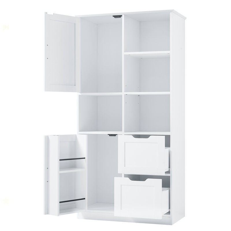 Armoire de rangement de salle de bain avec portes et tiroirs, plusieurs espaces de rangement, style autoportant, tablette ouverte, tablette réglable