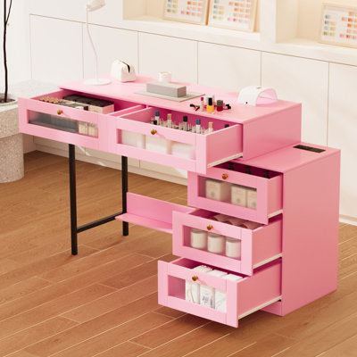 Pink Manicure Table Nail Desk Nail Table Beauty Salon Station With Storage Drawers