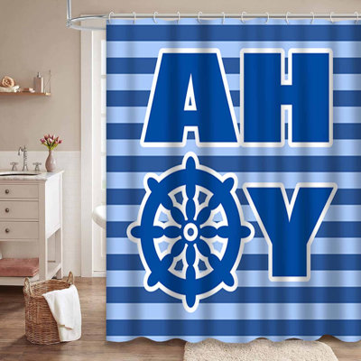 Waterproof Blue Striped Pirate Wheel Nautical Nursery Shower Curtain with 12 Hooks
