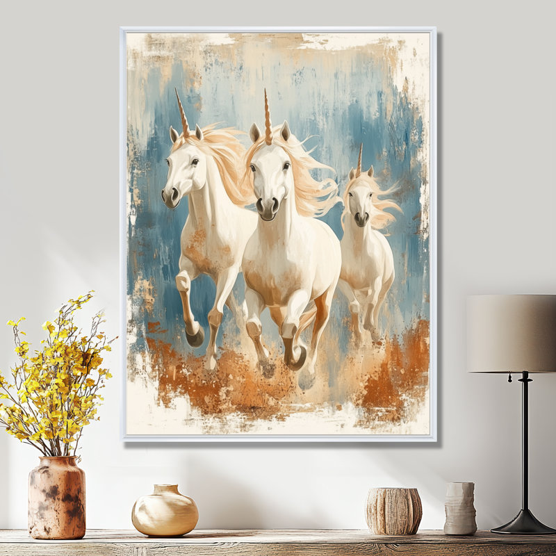 Trio de licornes au galop - Affiche encadrée de licornes, H 20 po x l 12 po, Cadre flottant blanc