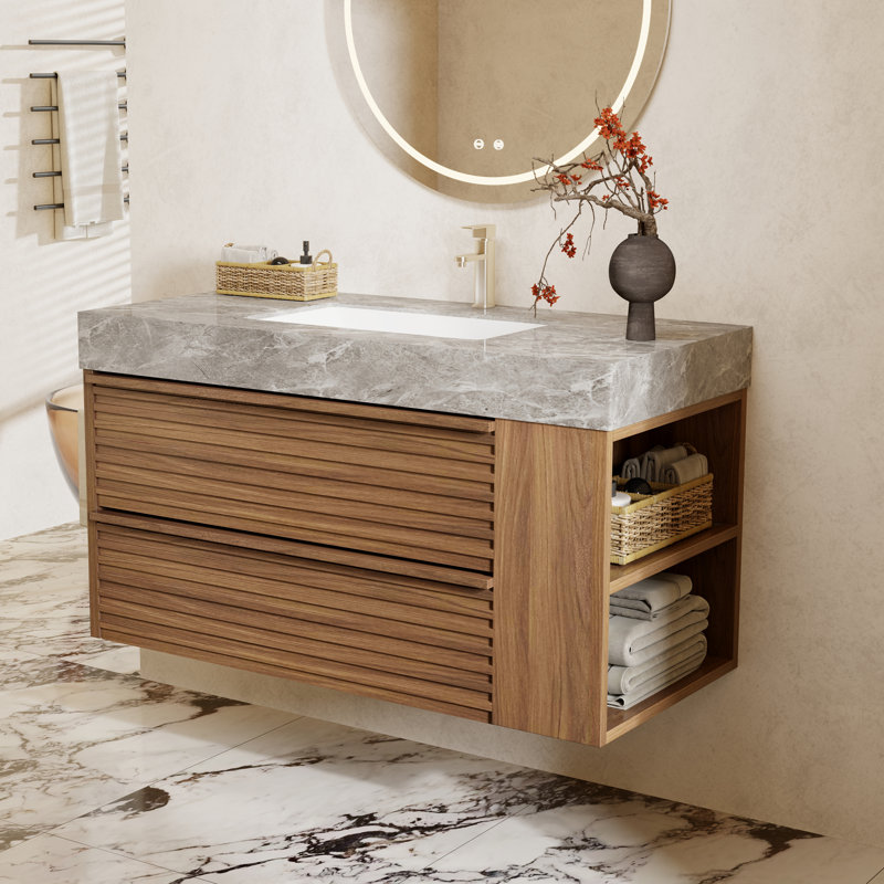Meuble-lavabo moderne 36 po avec plateau en pierre frittée, 2 tiroirs, meuble-lavabo mural pré-assemblé, Noyer