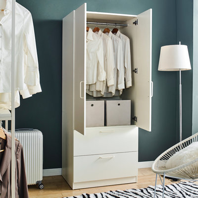 Armoire en bois à deux portes en blanc - Portes à fermeture silencieuse, espace de rangement abondant, eau et chaleur, surface anti-taches avec deux tiroirs et barres de suspension, capacité légèrement agrandie, qualité,