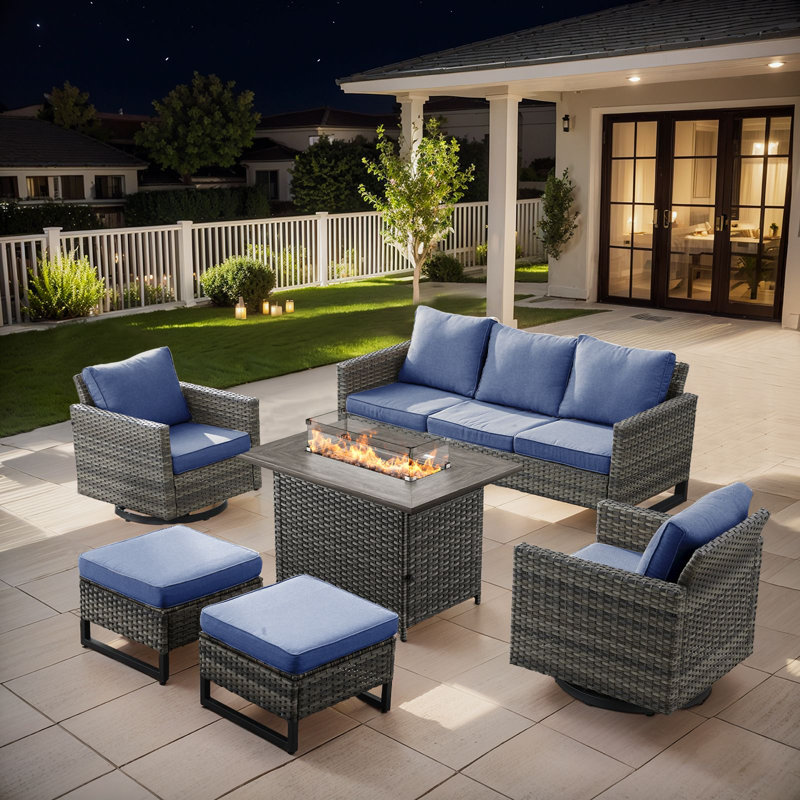  6-Piece Outdoor Sofa Set, Wicker Patio Furniture Set With Fire Pit Table, All-Weather PE Wicker