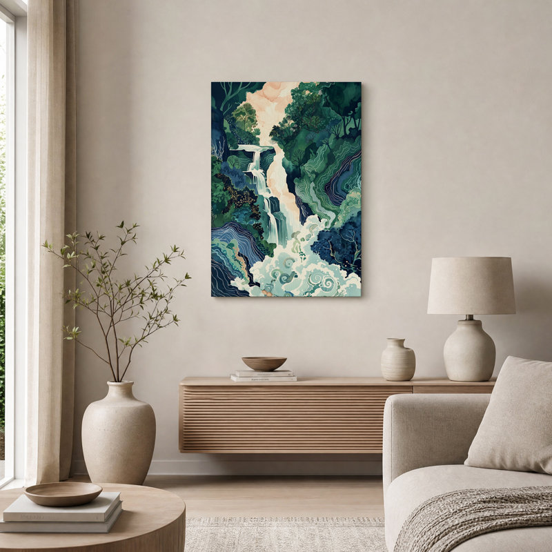 Tableau sur toile représentant une cascade stylisée dans une forêt verdoyante, H 40 po x l 28 po