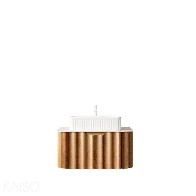 Meuble-lavabo de salle de bain 30 po avec lavabo, meuble de rangement mural à bordures courbées et flottantes avec tiroir, lavabo rectangulaire en céramique blanche, sans robinet, pré-assemblé, couleur grain de bois naturel