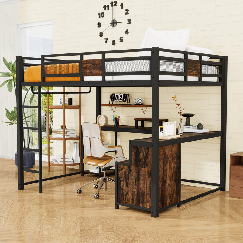 Queen 2 Drawers Metal Loft Bed With Built-In-Desk And Storage