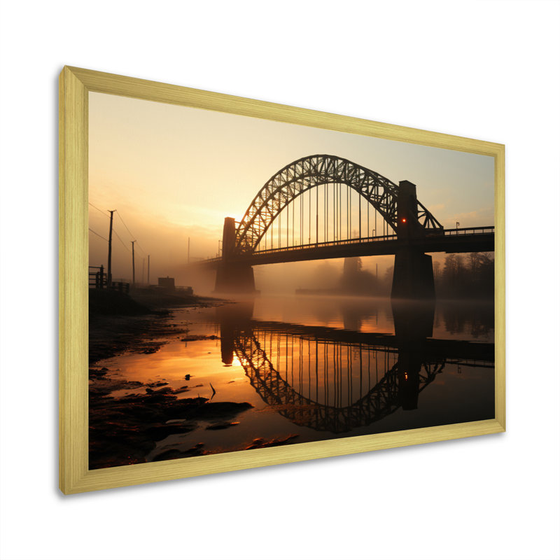 Orange Bridge At Dawn - Architecture Wall Decor, H 34 po x l 44 po x P 1,5 po, Encadrement doré
