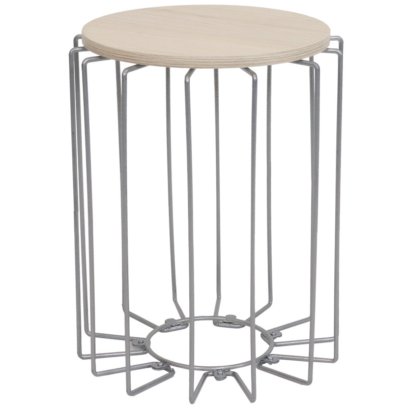Table de bout d'intérieur en métal avec plateau en imitation grain de bois, Crème, gris
