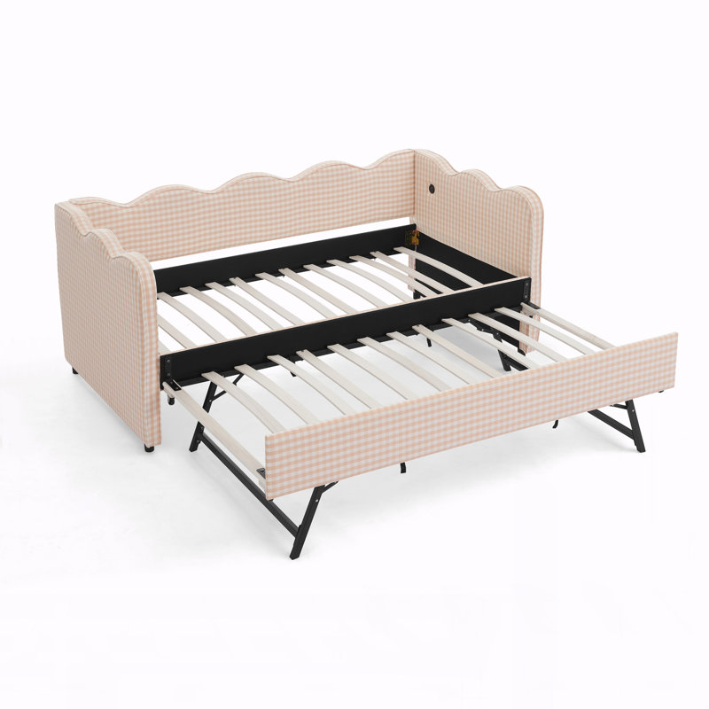 Daybed with Trundle Twin Size Sofa Bed No Box Spring Needed, with USB Port and Adorable Wave Shaped, Linen Fabric, Pink