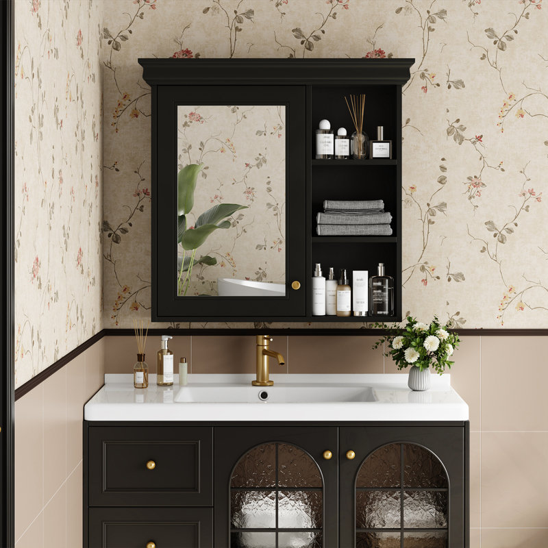 Armoire à pharmacie de salle de bain avec miroir et rangement, Noir