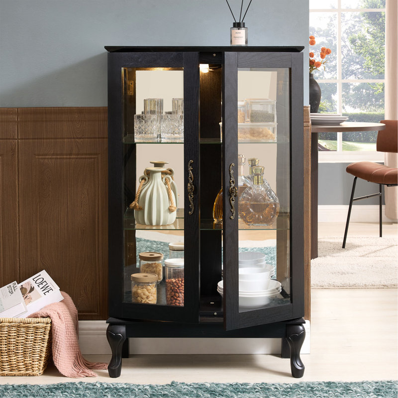 Vitrine avec portes en verre trempé, vitrine éclairée avec panneau arrière en miroir et tablettes réglables parfaites pour la maison ou le bureau (ampoule incluse)