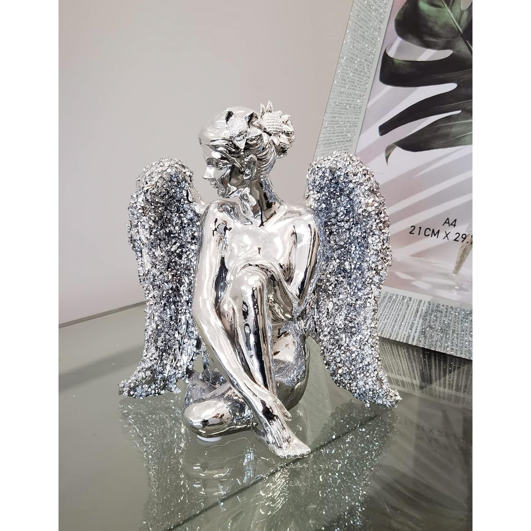 Sitting Angel With Wide Wings Crushed Ornament Silver Sparkle Diamond For Gift Beautiful Decorative