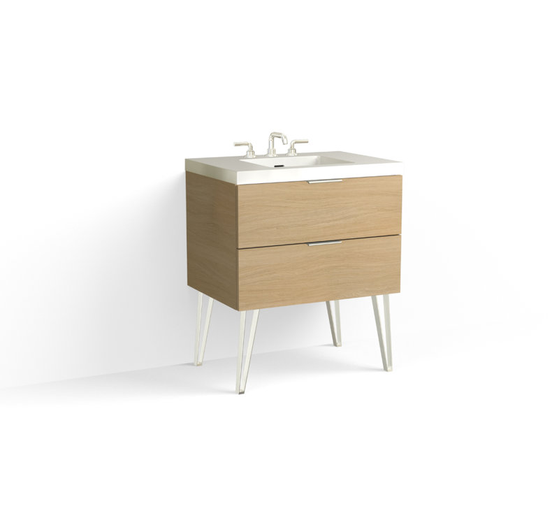 Avila 30" W Freestanding Single Bathroom Vanity with Dawson Leg, Polished Nickel, Biondo, Matte White/8" Widespread