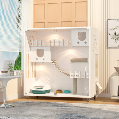 Villa pour chat en bois, enclos pour chat X Large, enclos pour chat d'intérieur à double porte et résistant à l'usure