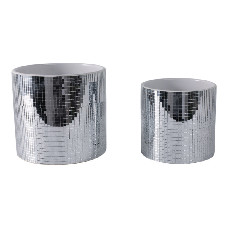 Planters Stoneware Ceramic Mirrored Tile Metallic Finish Home Garden Set of 2 - 7", 6" Silver & Metallic