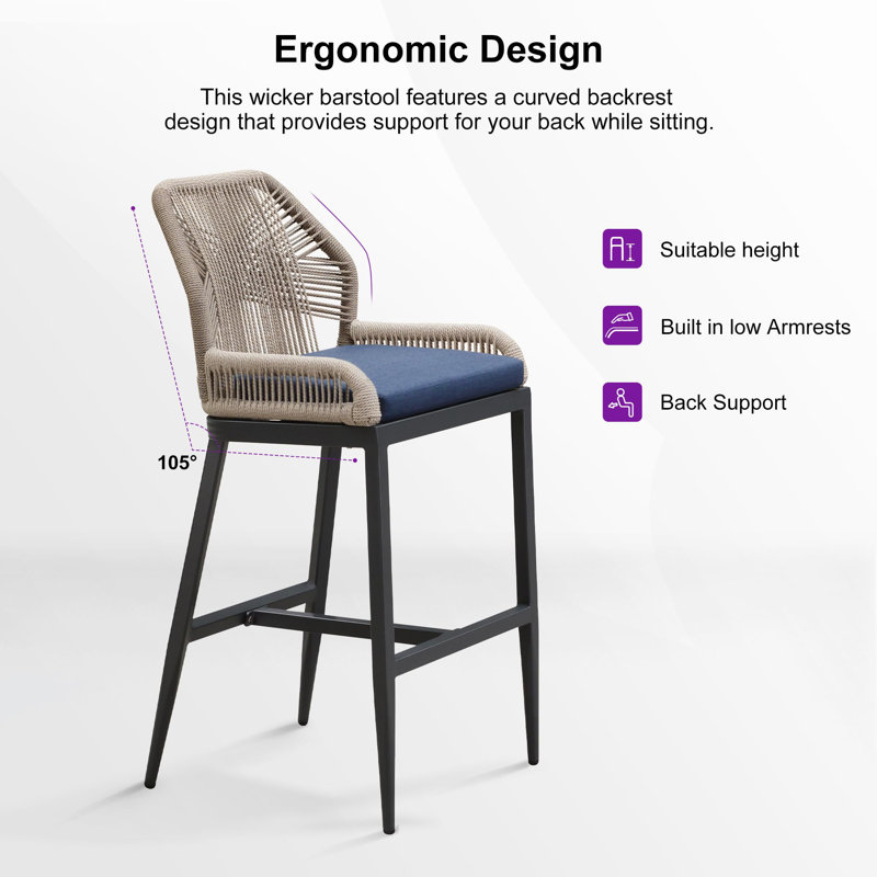 Purple Leaf Patio Upcycled Fabric Bar Stools 28" H Set Of 2 Handwoven Wicker Bar Height Stool Modern Aluminum High Bar Chairs Outdoor Wicker Barstools With Back And Cushion For Kitchen Pool Island