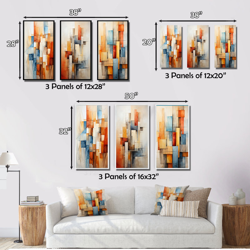 «Cubism Fragmented Perspectives», 3 pièces sur toile, Toile tendue, H 32 po x l 48 po