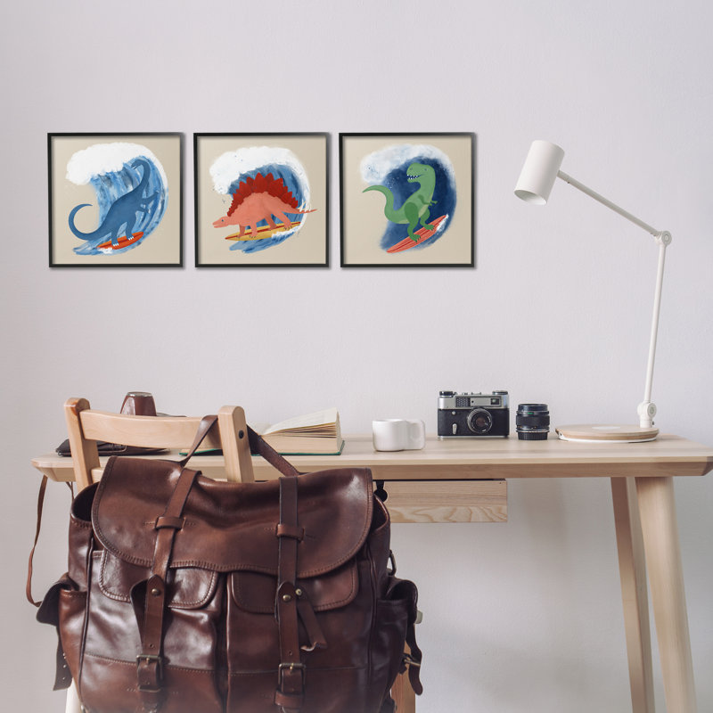 «Dinos Surfing Beach Waves», ensemble de 3 giclées par Carrie Cantwell, H 12 po x l 12 po, Giclée encadrée noir minuit