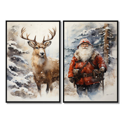 Père Noël et son cerf au pays des merveilles hivernal - Animaux, art mural cerf