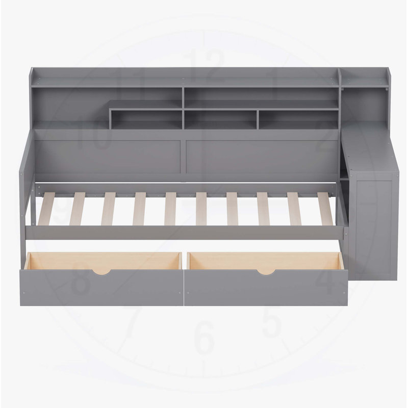  Wooden Daybed with Storage Shelves, Drawers, and Study Desk for Multi-functional Use, Gray, Twin