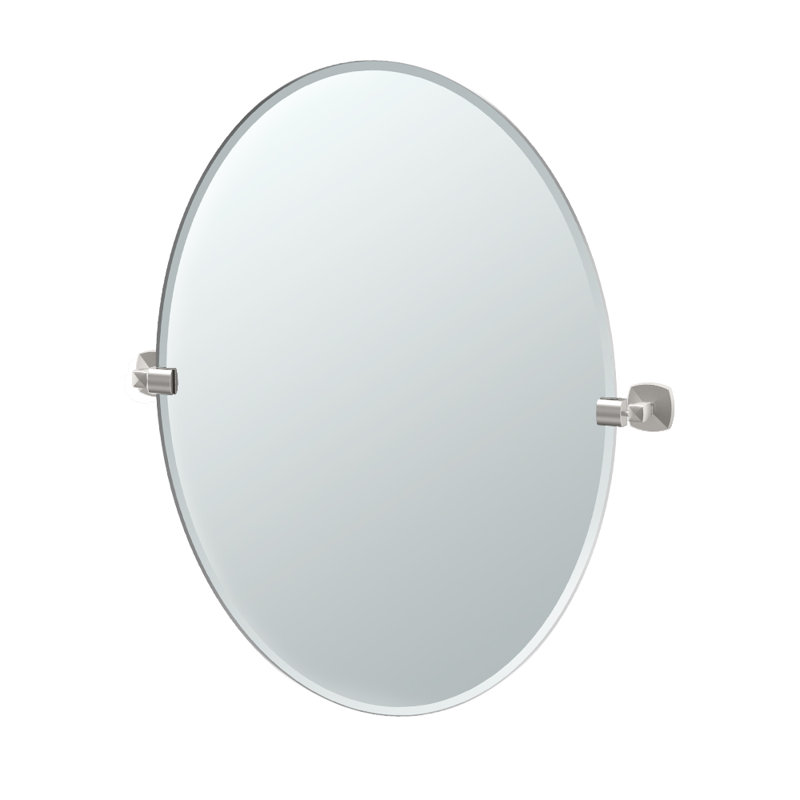 Jewel Wall Mount  Frameless Oval Bathroom Vanity Mirror | Pivots and Beveled Mirror, Satin Nickel