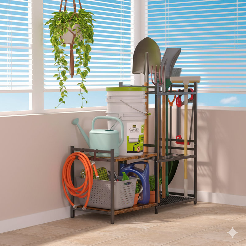 Garage Tool Organizer With 2-Tier Shelves