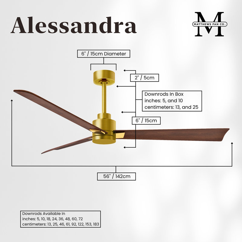 Alessandra Outdoor Downrod Ceiling Fan, Brushed Brass, Walnut