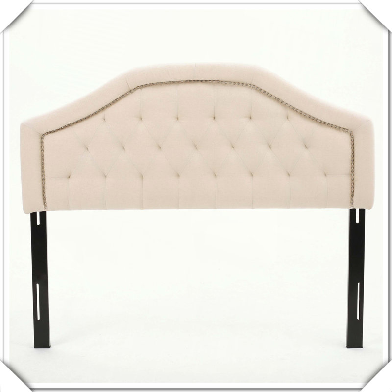 Tufted Upholstered Headboard Metal Legs Nailhead Trim Adjustable,Queen, Beige