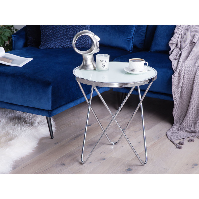 Abygayle Glass Top Cross Legs End Table, White, Silver