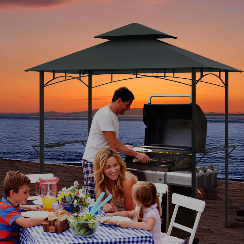8' X 5' Grill Gazebo With 2 Shelves 7 Hooks Metal Frame Soft Top, Gray