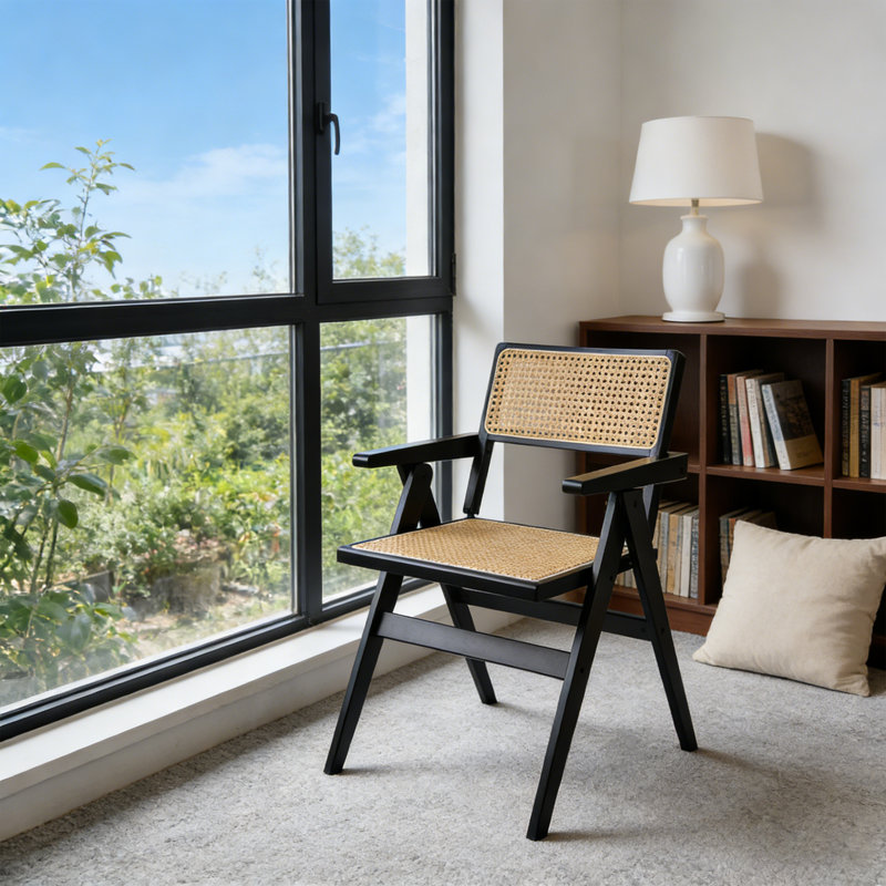 Chaises pliantes en bambou avec dossier en rotin tissé et structure en bambou en caoutchouc | Couleur noire, Noir