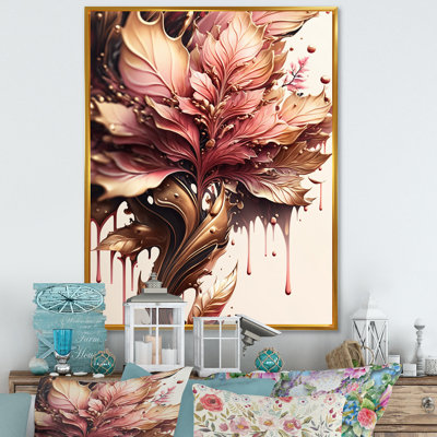 Abstrait rose et feuilles d'or I - reproduction sur toile