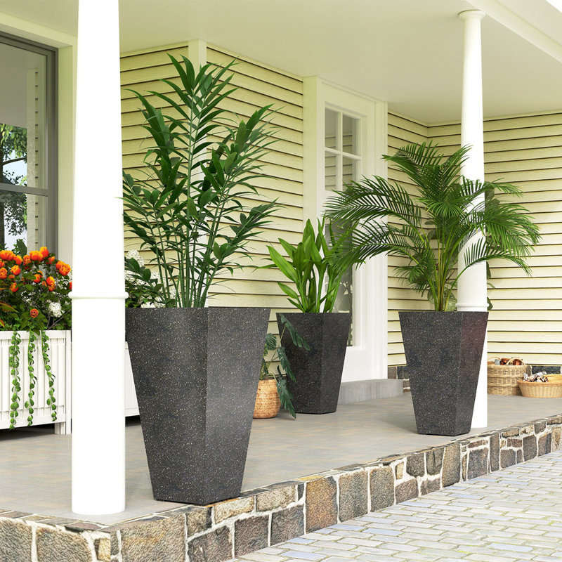 Outsunny 28" Tall Planters, Set of 3 Plastic Flower Pots with Marble Finish and Drainage Holes, Stackable Tapered Outdoor Planters