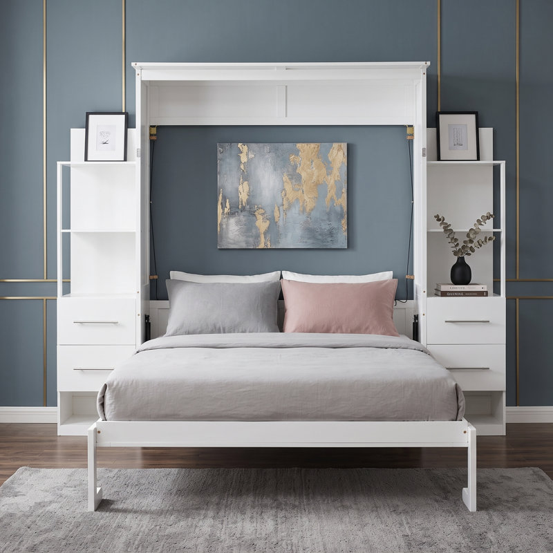 Joean Multi-Function Murphy Bed with Shelves, Drawers, and LED Lights, Full, White