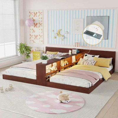 Double Twin Size Bed Frame With Storage,Twin Floor Bed With Light & Charging Station, Convertible 2 Twin Beds For 2 Kids