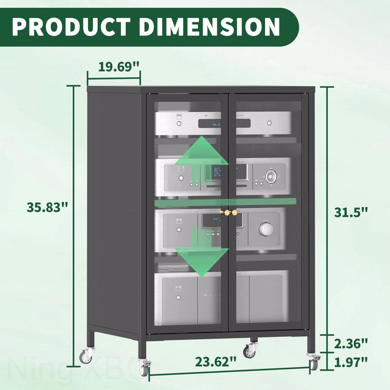 Armoire de rangement multimédia haute 35,8 po avec roulettes, meuble télé stéréo AV avec 4 tablettes et porte réglables en verre, structure en acier robuste pour le salon, assemblage facile