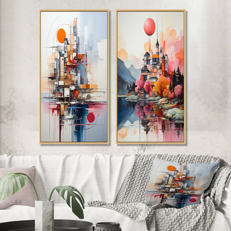 «Magical Castle Lake Sunrise - Châteaux abstraits», ensemble de 2 reproductions d'art mural, Encadrement brun